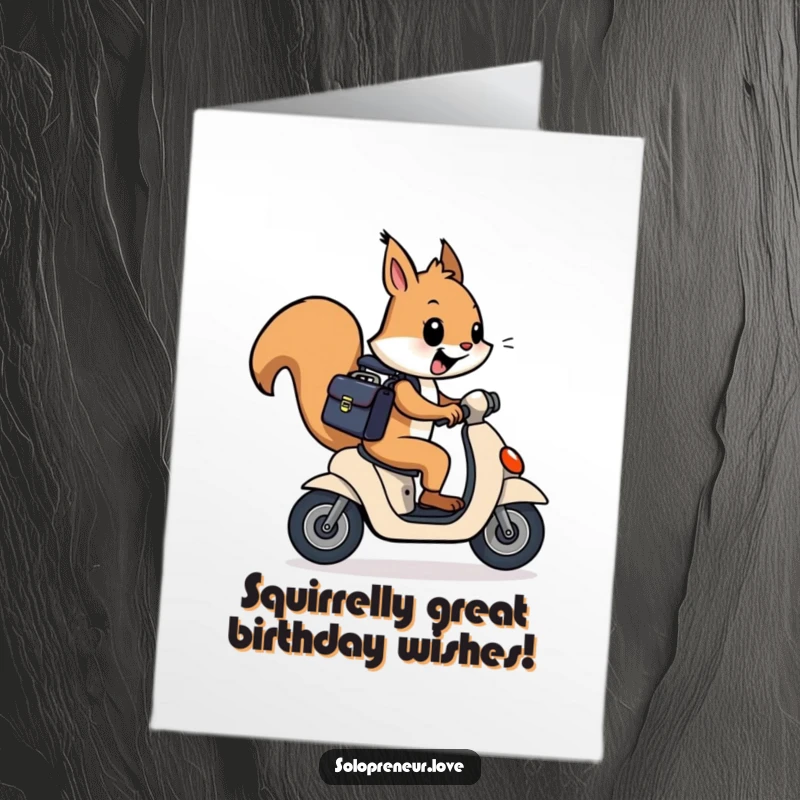 Funny Free Printable Birthday Card: Cheerful squirrel in a briefcase zooms on a scooter, delivering birthday wishes with speedy humor.