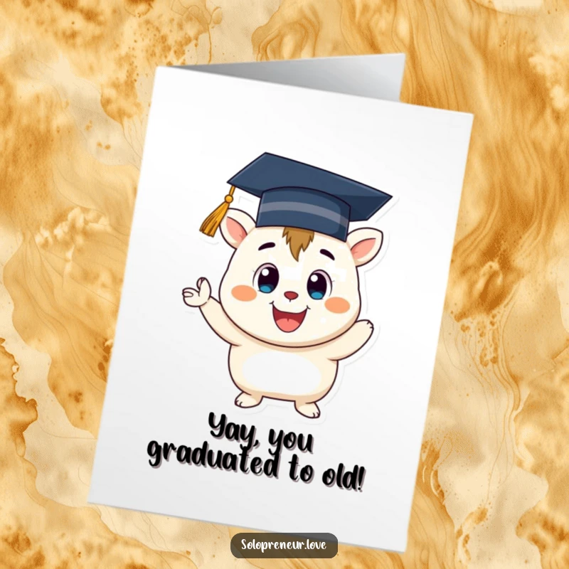 Funny free printable birthday card of a smiling creature in a graduation cap, cheering enthusiastically for a birthday celebration.