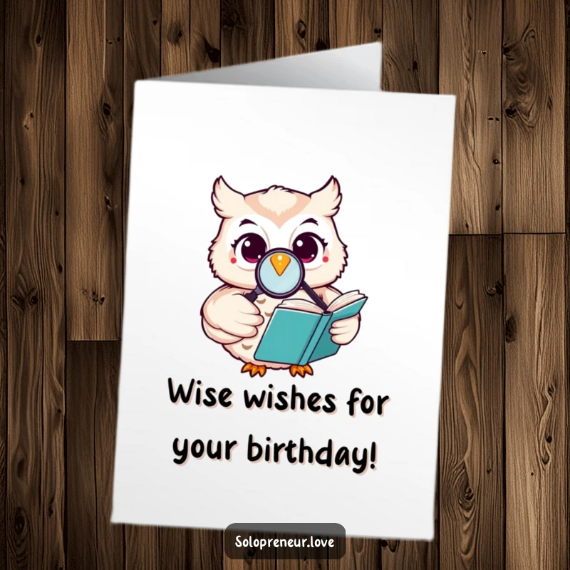 Funny Free Printable Birthday Card depicting a happy owl character intently reading a book with a magnifying glass, seeking wisdom.