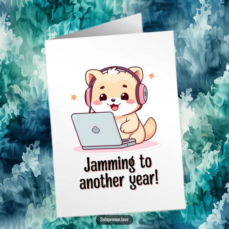 Funny free printable birthday card of a cute creature wearing headphones, excitedly typing on a laptop, ready to celebrate.