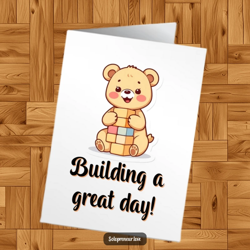 Free Printable Birthday Card: A happy bear cub joyfully stacking blocks, creating a sweet and fun greeting.