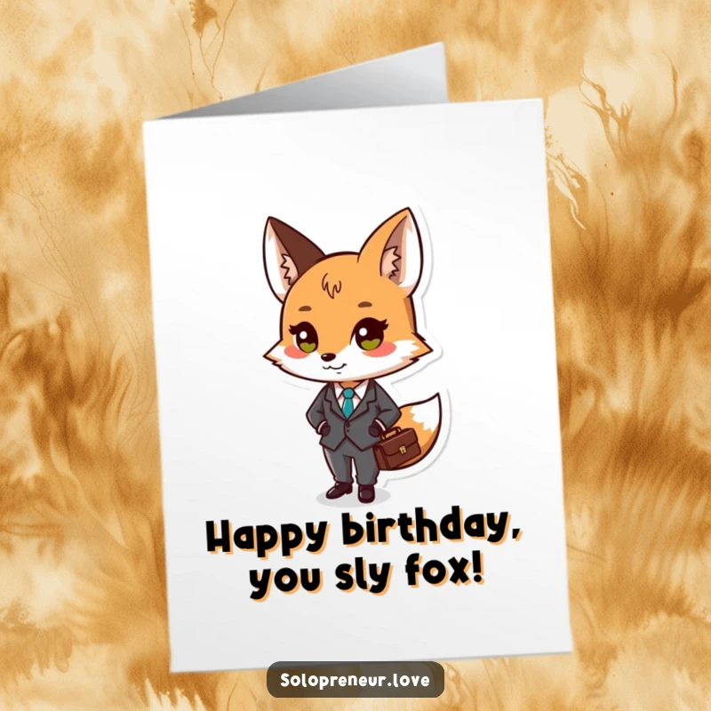 Funny Free Printable small fox character dressed in a tiny suit, holding a briefcase, ready for a birthday.