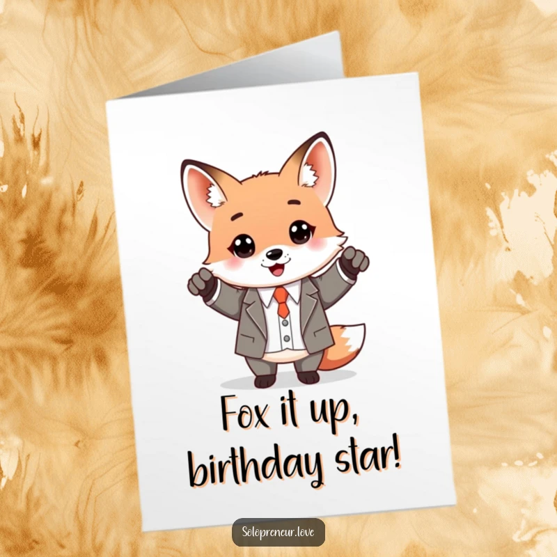 Funny free printable birthday card featuring a kawaii fox in a business suit, raising a tiny briefcase in celebration of success.