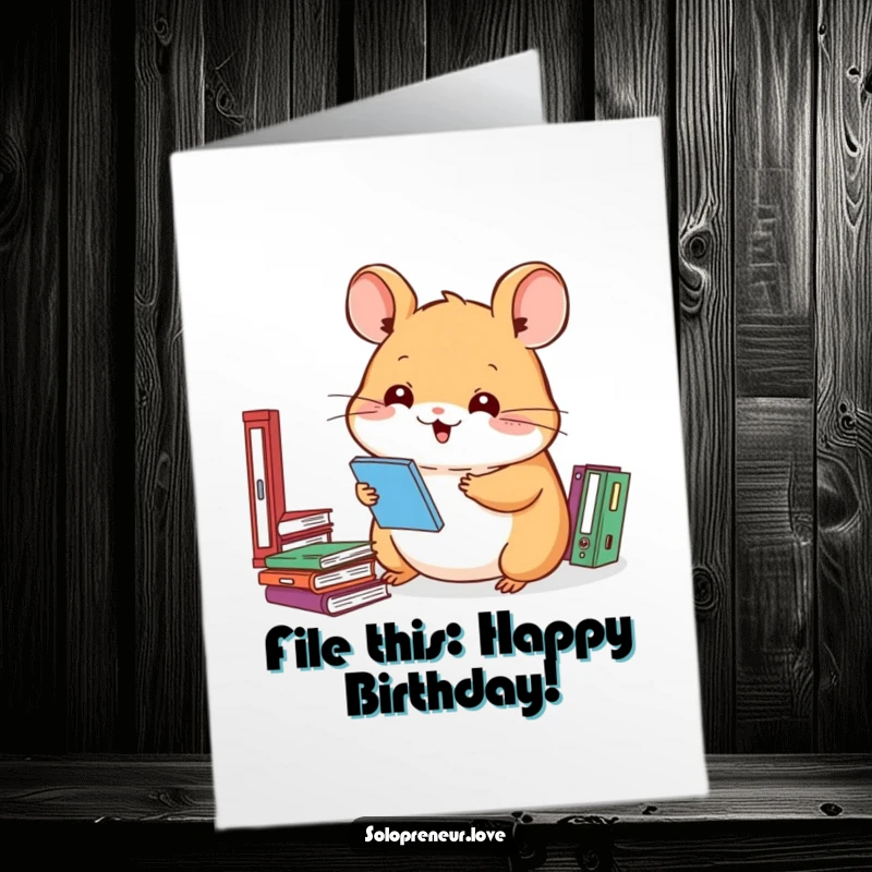 Funny Free Printable Birthday Card featuring a smiling hamster diligently organizing miniature files with hilarious efficiency.