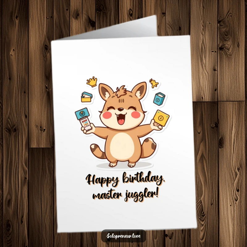 Funny Free Printable Birthday Card showing a playful animal character energetically juggling icons representing multiple tasks, celebrating.