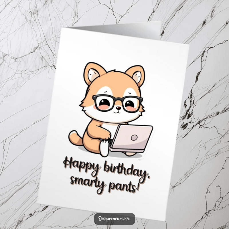 Funny Free Printable Birthday Card featuring a cute animal with glasses happily typing on a tiny laptop, celebrating.