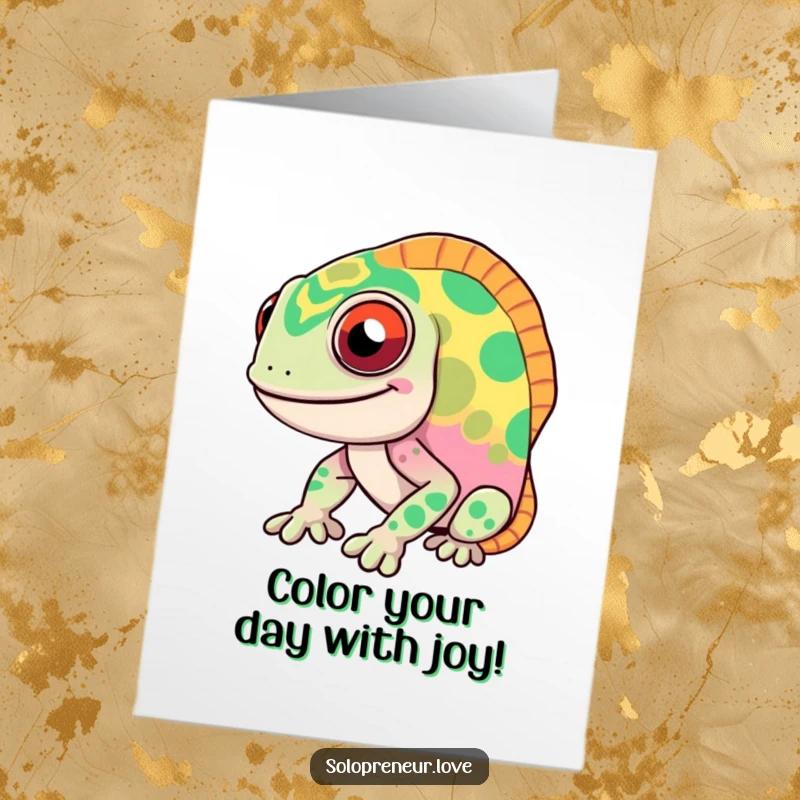 Funny Free Printable Birthday Card: Smiling chameleon rapidly changing diverse patterns, delivering colorful birthday cheer.