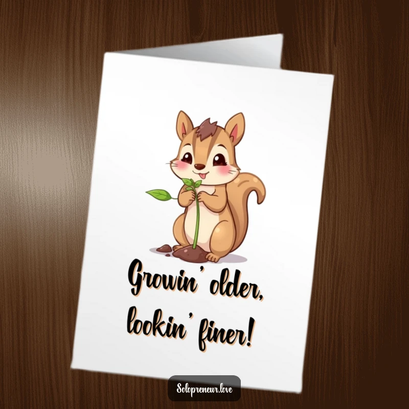 Funny Free Printable Birthday Card: A proud squirrel character diligently planting a tiny green sprout in the soil.