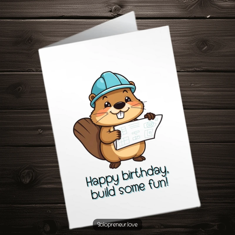 Funny Free Printable cheerful beaver character wearing a hard hat, holding a blueprint, ready to build a birthday.