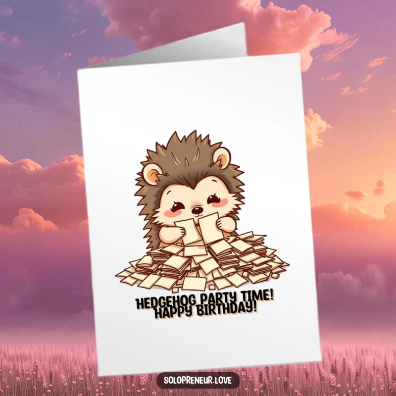 Funny Free Printable Birthday Card featuring a busy hedgehog character diligently sorting through a large pile of tiny, scattered papers.