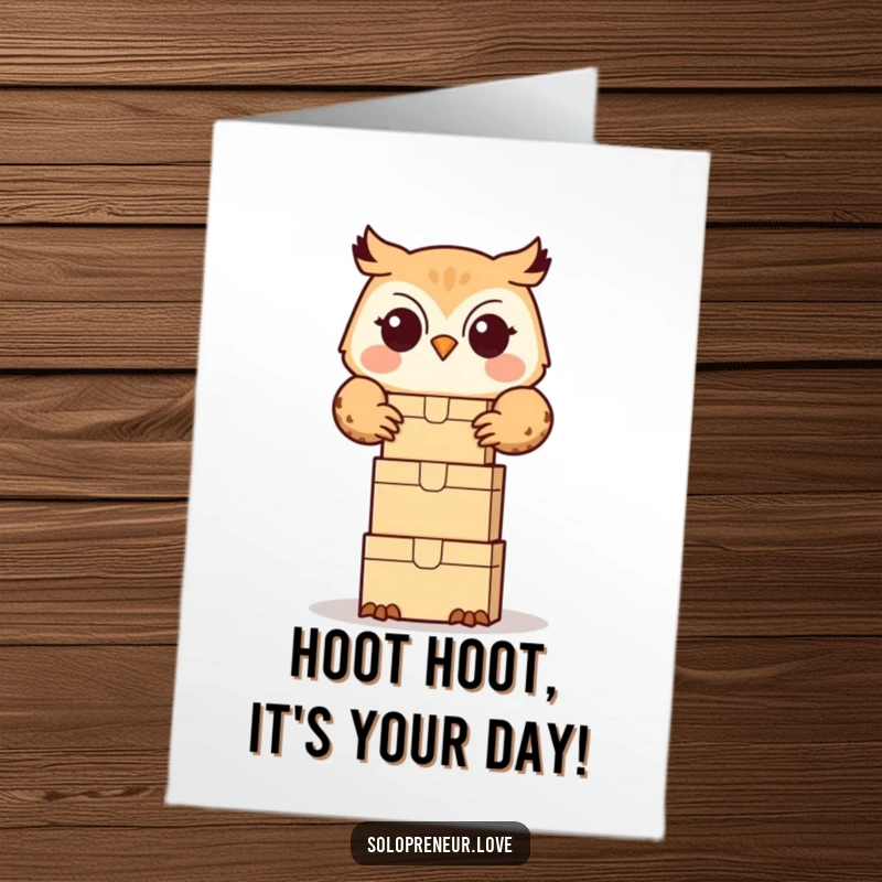 Funny Free Printable birthday card: Cute owl happily stacking small boxes, symbolizing a well-organized and joyful celebration.