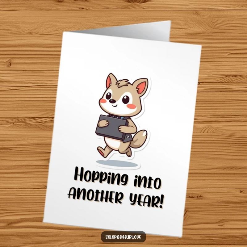 Funny free printable birthday card of a happy animal with a briefcase, confidently hopping, ready to celebrate their special day.