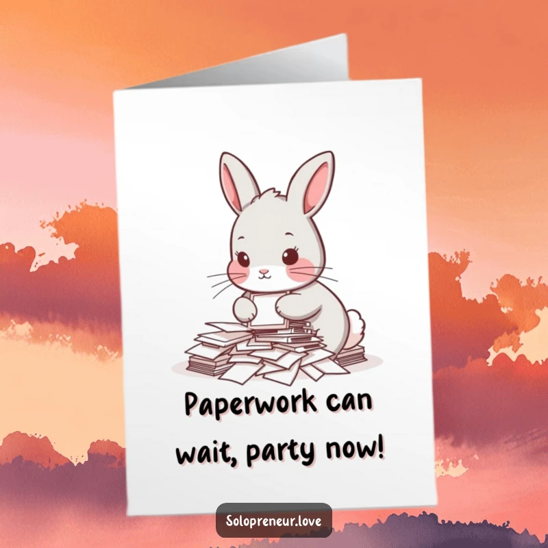 Funny Free Printable Birthday Card: Determined rabbit hilariously struggling with paperwork, a perfect relatable greeting.
