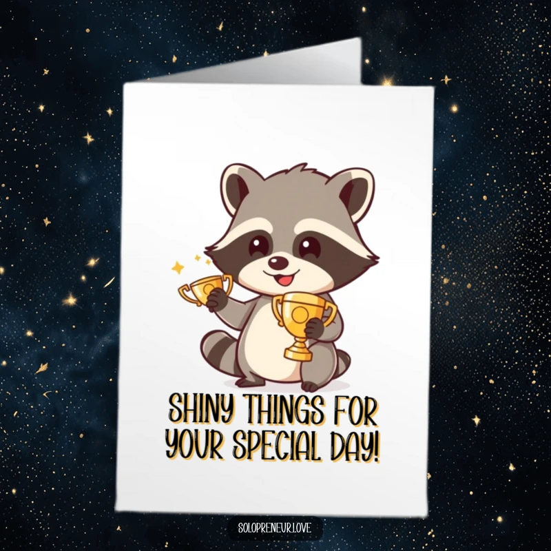Funny Free Printable Birthday Card: Smiling raccoon gleefully polishing a tiny golden trophy, exuding pure joy and accomplishment readiness.