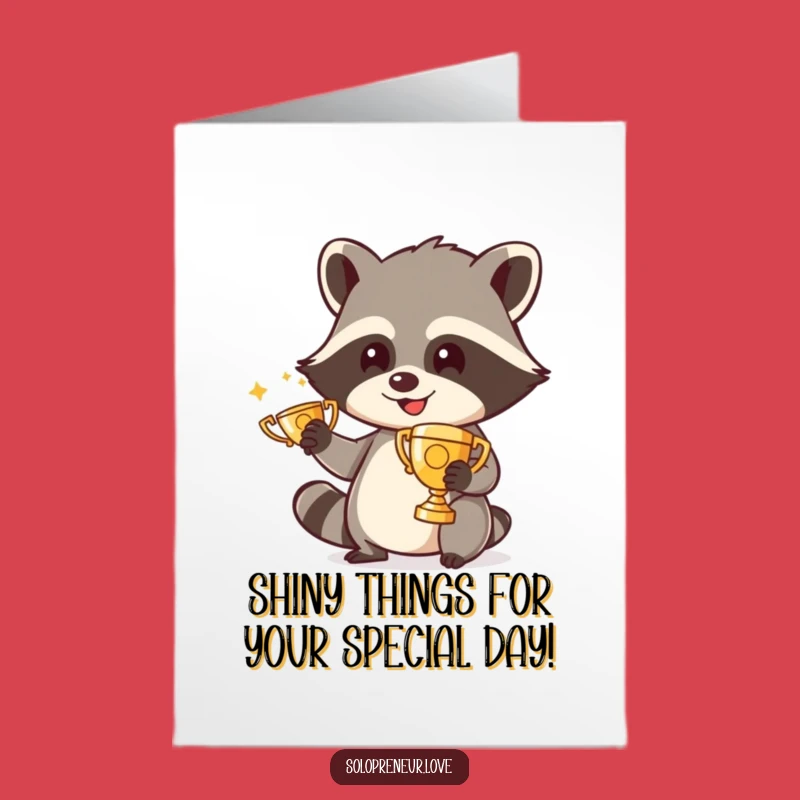 Free Printable Birthday Card: Funny Raccoon Polishing Trophy, Downloadable Humorous Greeting