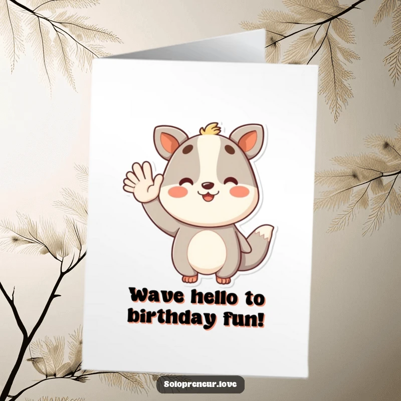 Funny Free Printable Birthday Card: A beaming animal character waves hello, celebrating life's successes on their special day.