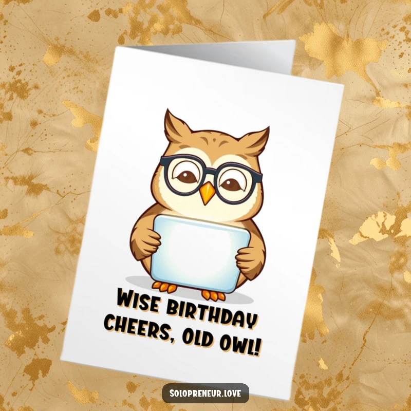 Funny Free Printable Birthday Card: Happy owl wearing glasses intently reads a glowing tablet, wishing a happy birthday with scholarly wit.