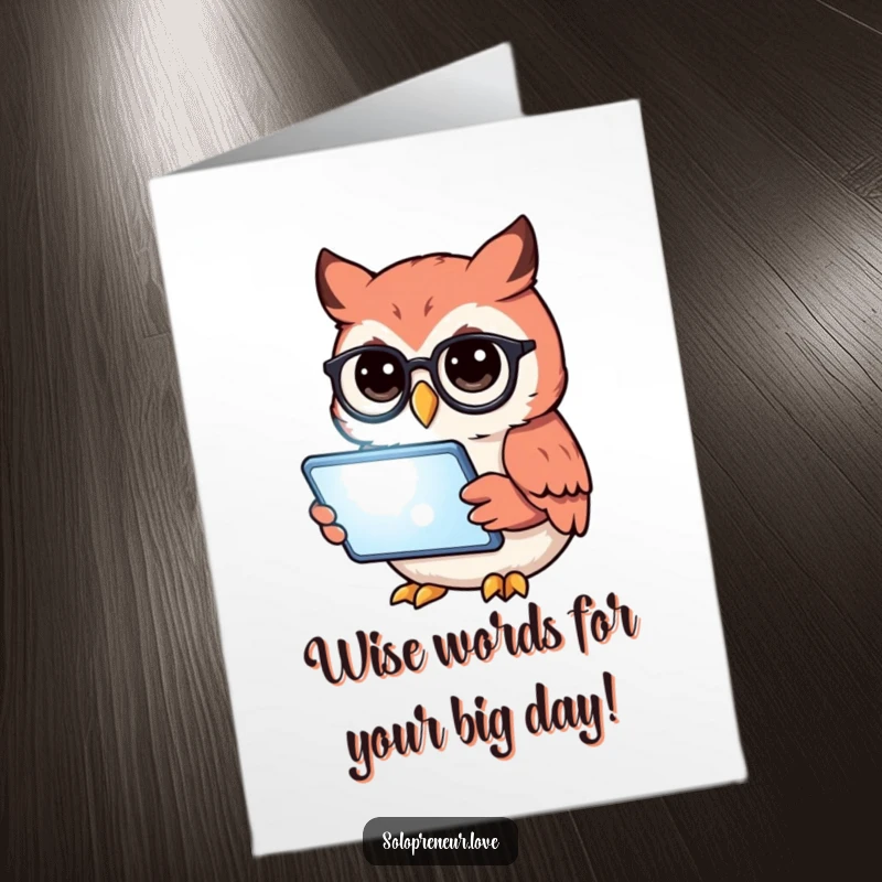Funny free printable birthday card of a wise owl wearing glasses, engrossed in a glowing tablet, ready to wish someone a happy birthday.
