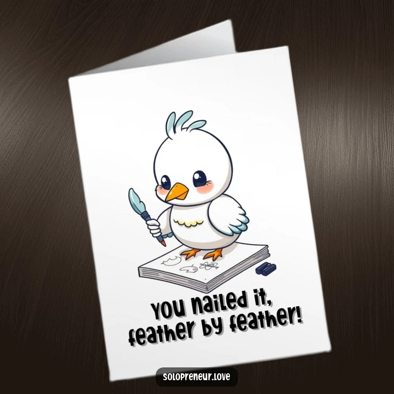 Funny Free Printable Congratulations Card: A focused bird artist using a feather pen to sketch a congratulatory doodle on a notepad.