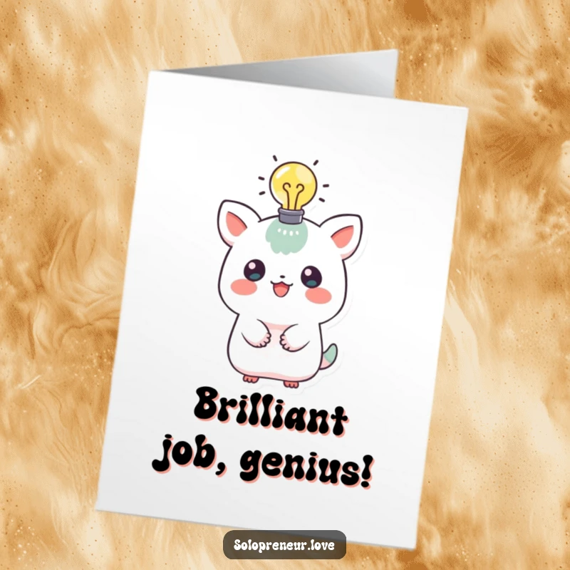 Funny Free Printable Congratulations Card: A playful creature has a glowing lightbulb above its head, signifying a brilliant success or idea.