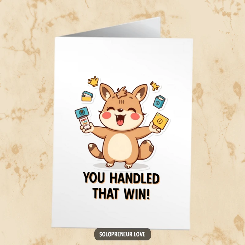 Funny Free Printable Congratulations Card featuring a playful animal character juggling various icons, celebrating big wins.
