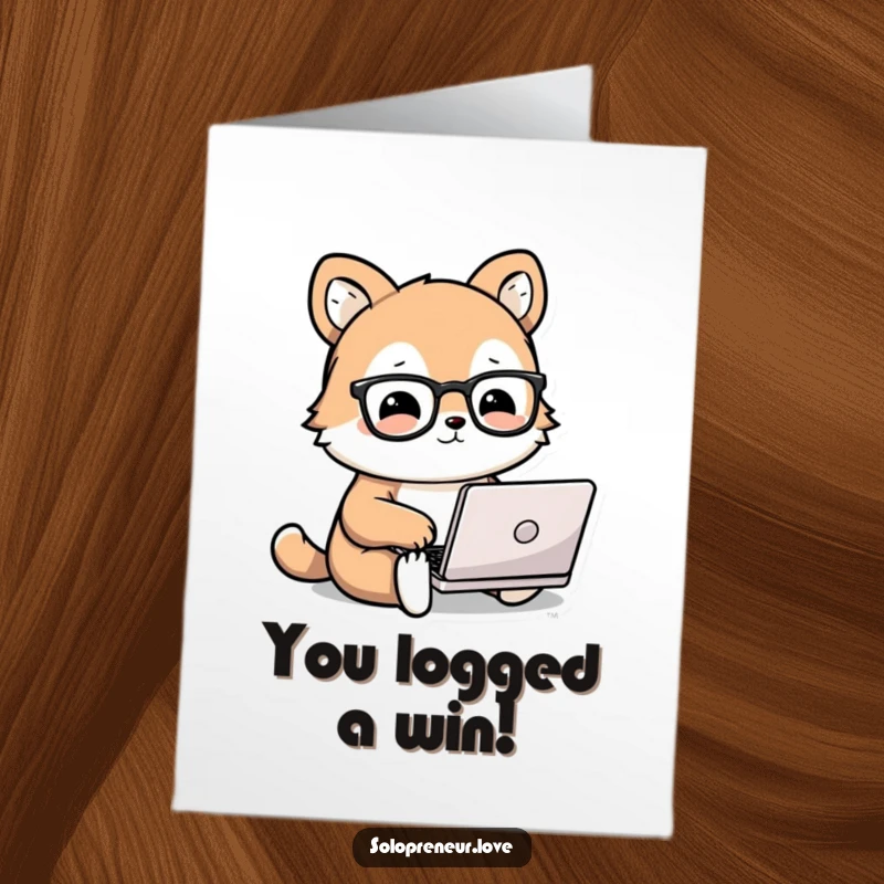 Funny Free Printable Congratulations Card showing a cute animal with glasses working on a small laptop, celebrating success.