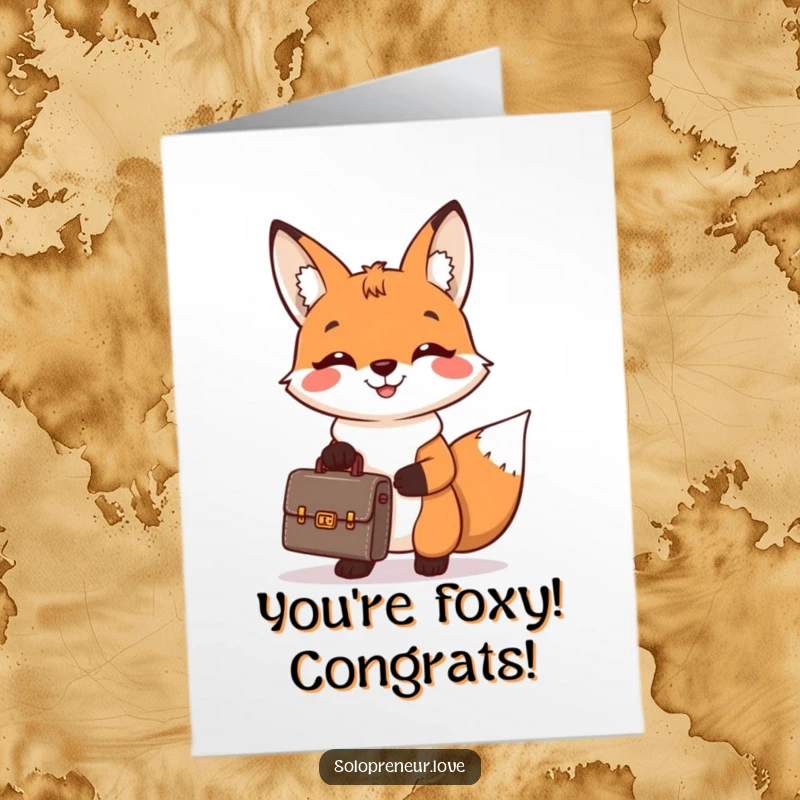 Sharp free printable congratulations card featuring a happy fox with a briefcase, celebrating a successful venture with a big grin.