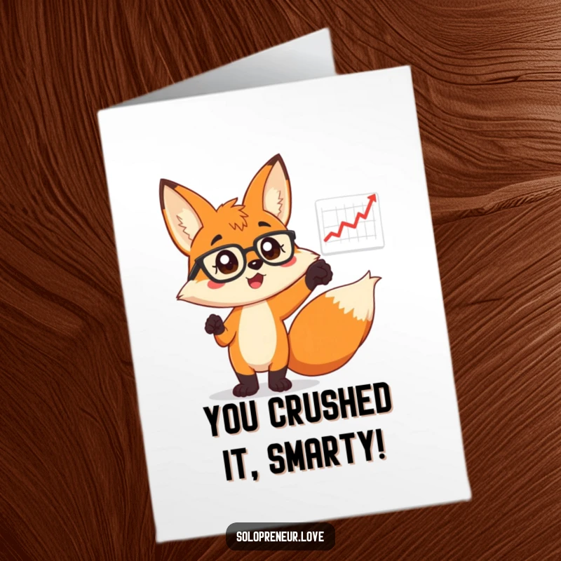 Funny Free Printable Congratulations Card: Fox in glasses pointing enthusiastically at a rising floating chart.