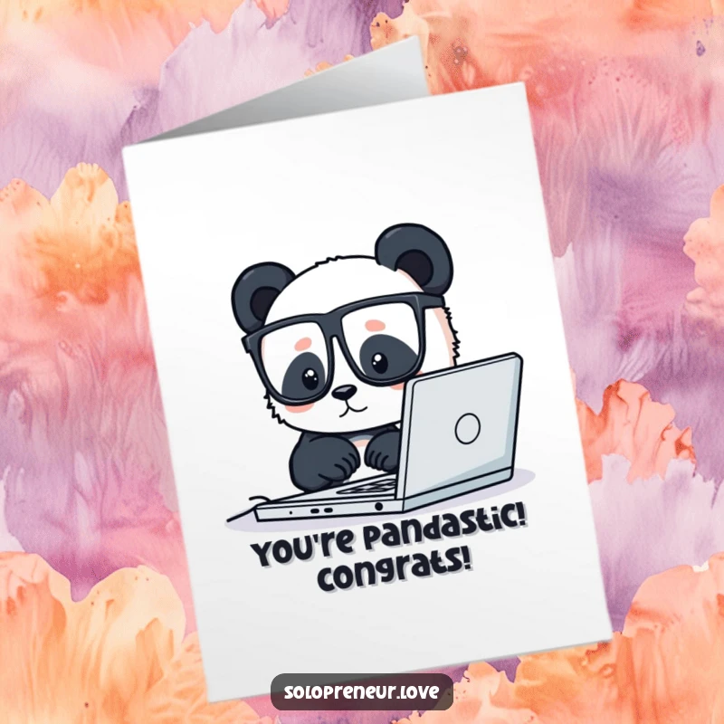 Hilarious free printable congratulations card featuring a bespectacled panda diligently typing on a laptop, symbolizing smarts and success.