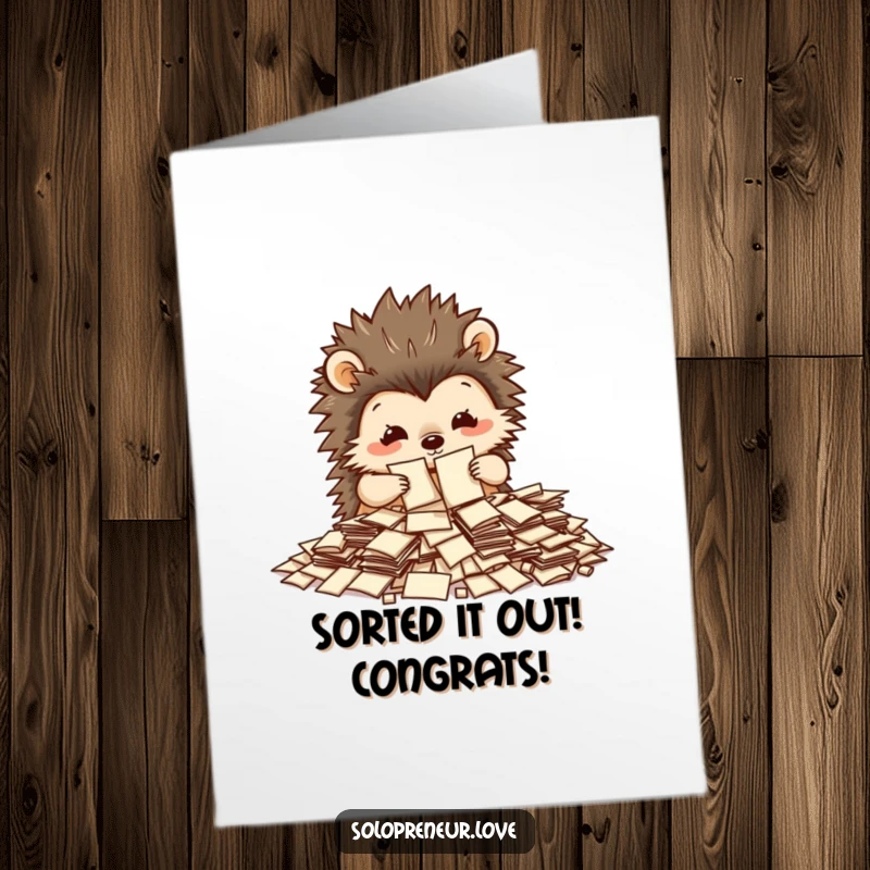Funny Free Printable Congratulations Card showing a busy hedgehog carefully sorting through a pile of tiny papers, signifying accomplishment.