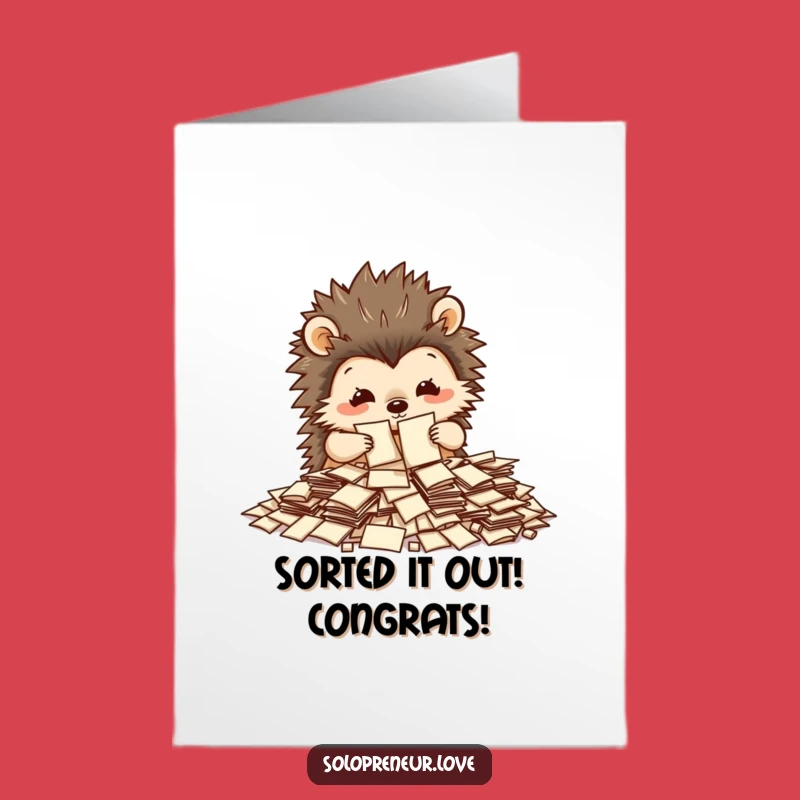 Free Printable Congrats Card: Hedgehog's Tidy Success, Funny Downloadable Gift for Achieving Order