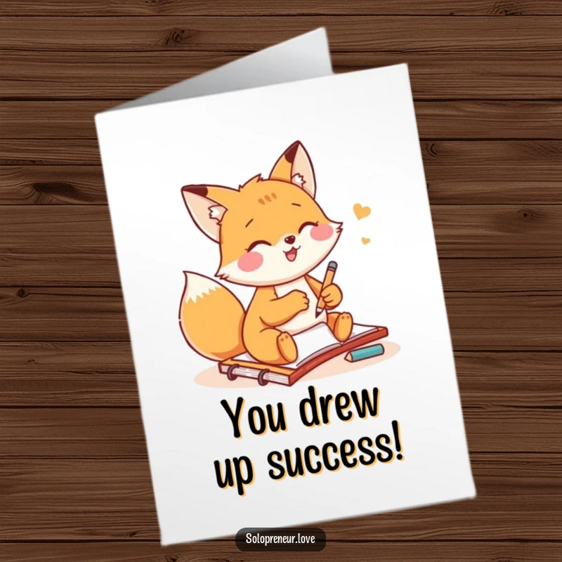 Funny Free Printable congratulations card: Small fox gleefully sketching on a notepad, celebrating a milestone.
