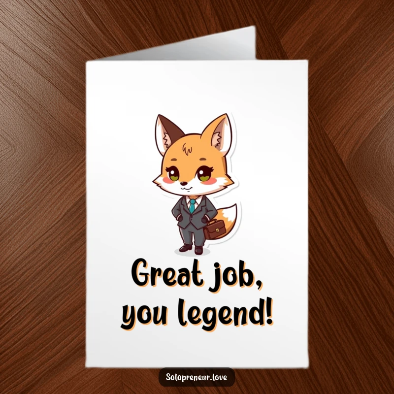 Funny Free Printable small fox character in a tiny suit holding a briefcase, celebrating a successful deal.
