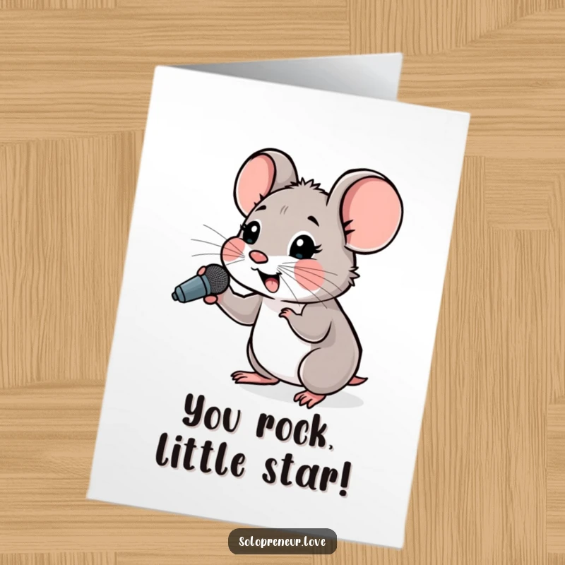 Funny Free Printable congratulations card with a hopeful mouse cheering into a tiny microphone, celebrating victory.