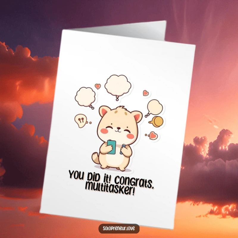 Funny Free Printable Congrats Card: An overwhelmed yet determined animal celebrates their achievement with a mind full of plans.