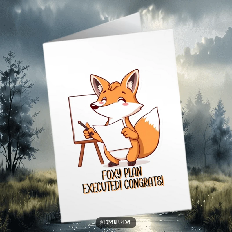 Free Printable Congratulations Card: A focused fox points enthusiastically at a whiteboard, celebrating a successful plan.