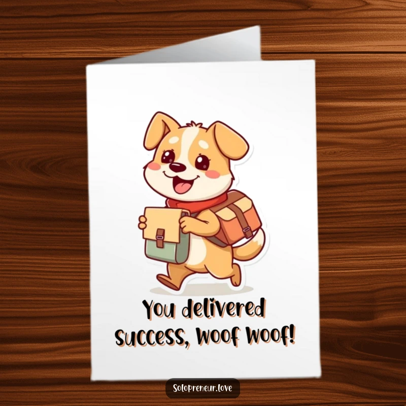 Funny Free Printable Congratulations Card: A dog wearing a messenger bag, joyfully delivering a package to celebrate success.
