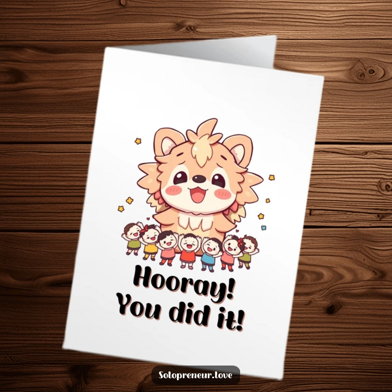 Funny Free Printable Congratulations Card: A cheerful creature is enthusiastically cheered on by a multitude of small figures, celebrating success.