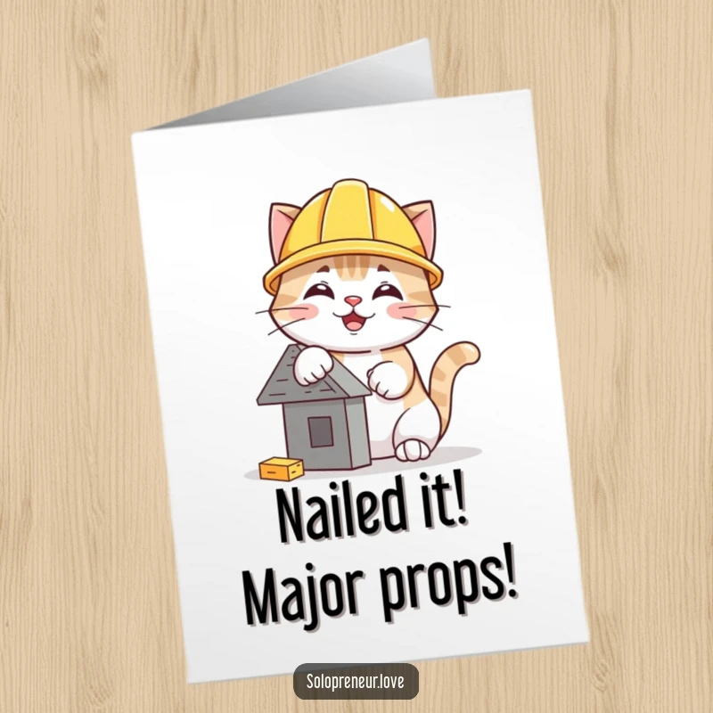 Funny Free Printable Congratulations Card: A smiling cat wearing a hard hat, busy building a small, impressive structure.