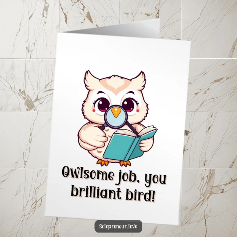 Funny Free Printable Congratulations Card featuring a happy owl using a magnifying glass to read a book, symbolizing achievement.