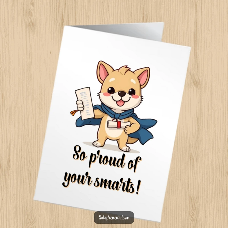 Funny Free Printable Congratulations Card: An accomplished dog striking a heroic pose, diploma in paw, celebrating a grand achievement with pride.