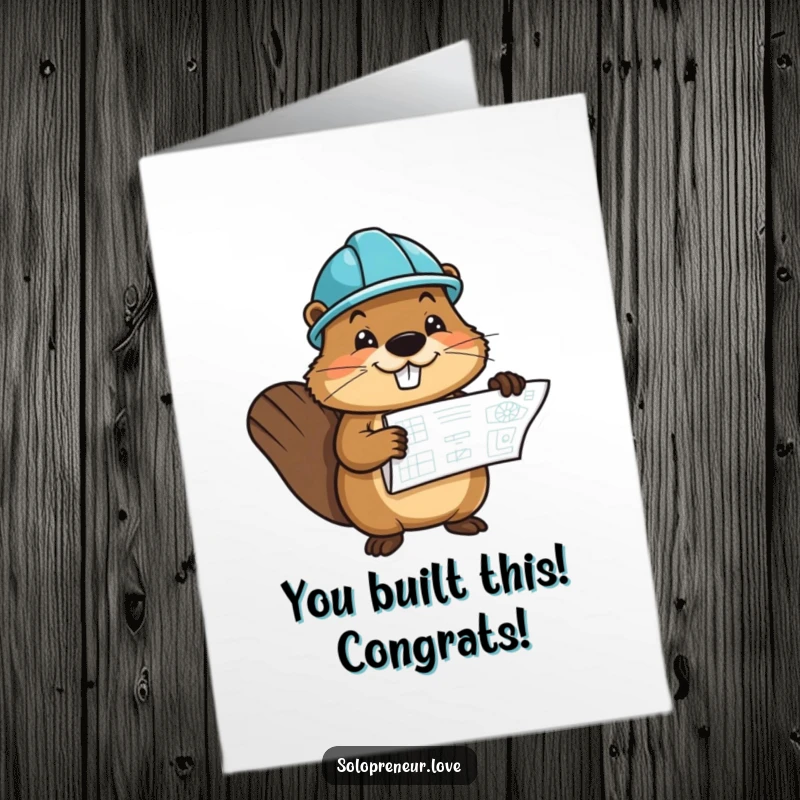 Funny Free Printable cheerful beaver character wearing a hard hat, holding a blueprint, celebrating a construction success.