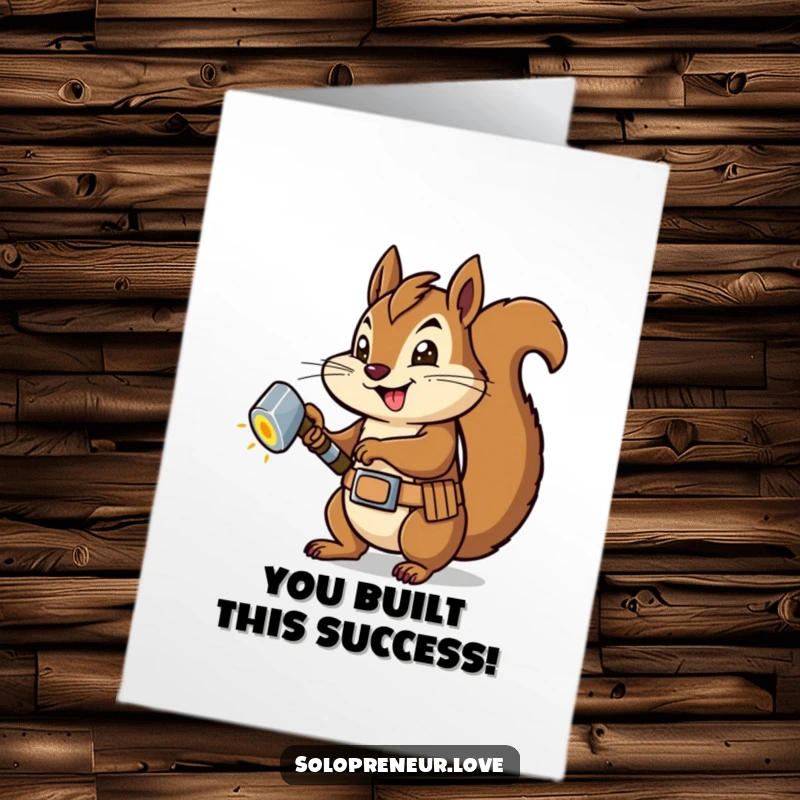 Funny Free Printable Congratulations Card: Squirrel in a tool belt confidently hammers a glowing bolt, symbolizing creation.