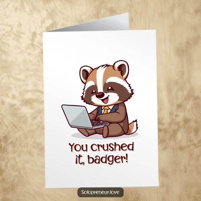 Funny Free Printable congratulations card: Tiny badger in a business suit joyfully typing on a laptop, celebrating success.