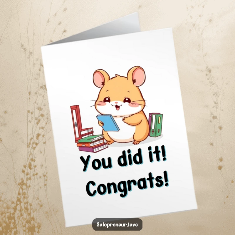 Funny Free Printable Congratulations Card showing a triumphant hamster celebrating success with organized flair and a big smile.