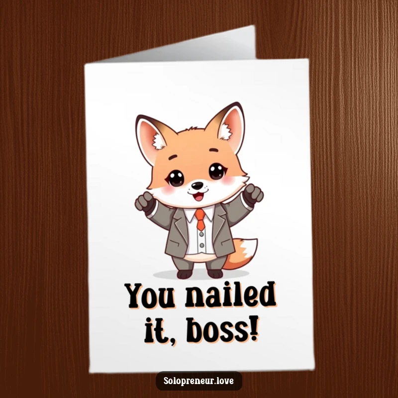 Funny free printable congratulations card showing a kawaii fox in a business suit, celebrating a successful deal with a tiny briefcase.