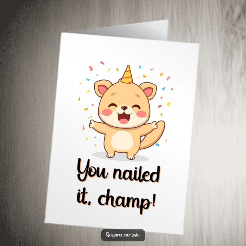 Funny Free Printable Congratulations Card: Happy animal celebrates a victory with a festive confetti shower. Print at home.