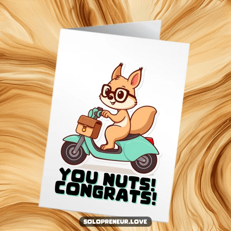 Free Printable Congratulations Card: A cheerful squirrel wearing a briefcase zooms by on a scooter, celebrating success.