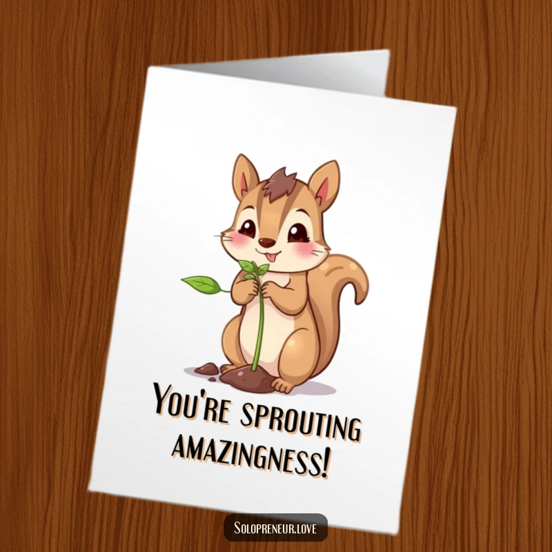 Funny Free Printable Congratulations Card: A squirrel with a proud expression planting a tiny sprout, symbolizing growth.