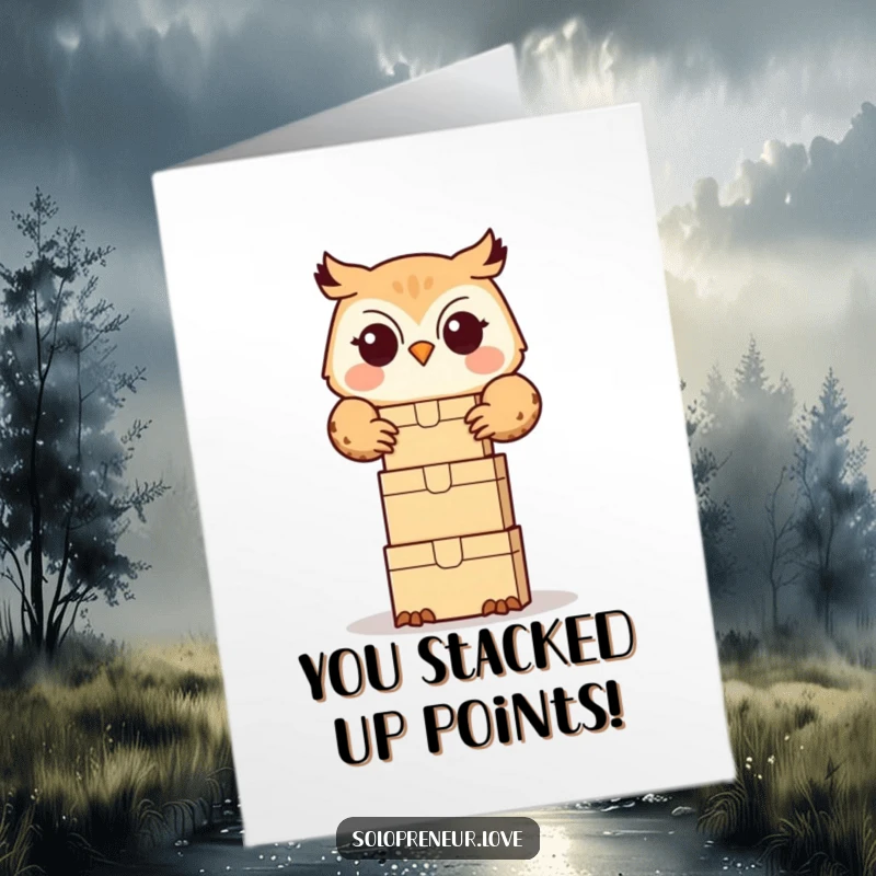 Funny Free Printable congratulations card: Cute owl happily stacking small boxes, representing progress and success.